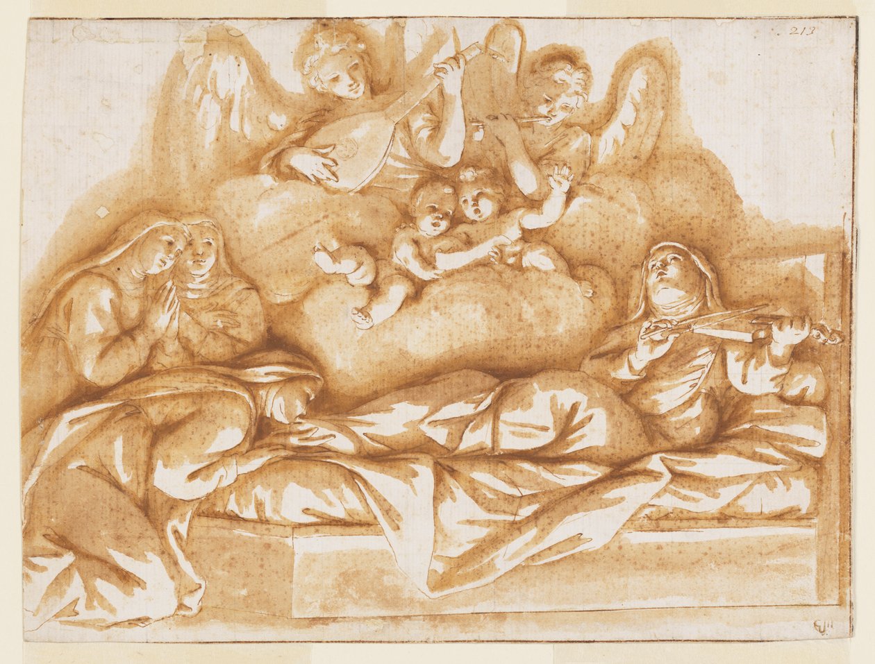 Tervezés monokróm falfestményhez, Corpus Domini templom, Bologna, Olaszország, St. Caterina Vigri halála alkotó: Marc Antonio Franceschini