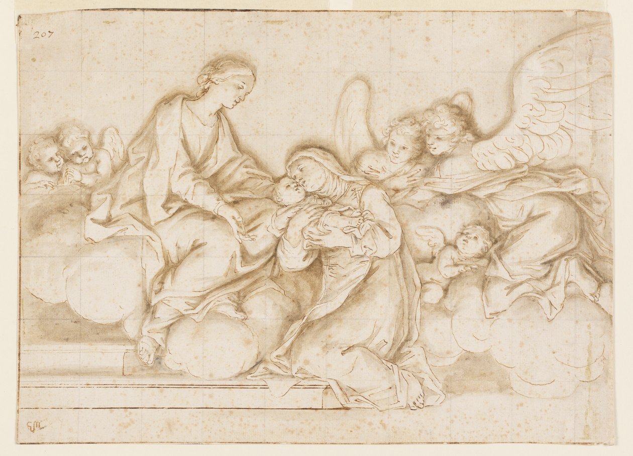 Tervezés monokróm falfestményhez, Corpus Domini templom, Bologna, Olaszország, St. Caterina Vigri fogadja a Kisbabát a Szűztől alkotó: Marc Antonio Franceschini