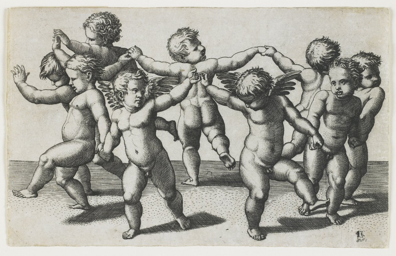 Két Ámor vezeti a gyerekeket a táncban, c. 1517-1520 alkotó: Marcantonio Raimondi