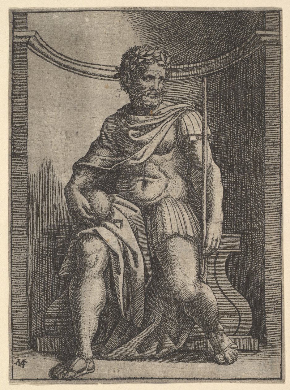 Egy római császár egy fülkében ül, földgömböt és jogart tart, és a..., kb. 1500-1534. alkotó: Marcantonio Raimondi