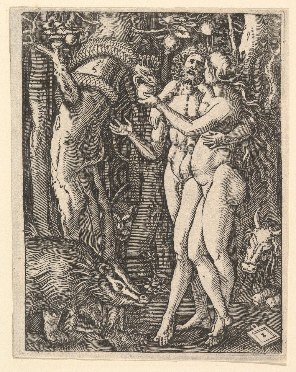 Ádám és Éva almával és kígyóval, kb. 1500-1534. alkotó: Marcantonio Raimondi