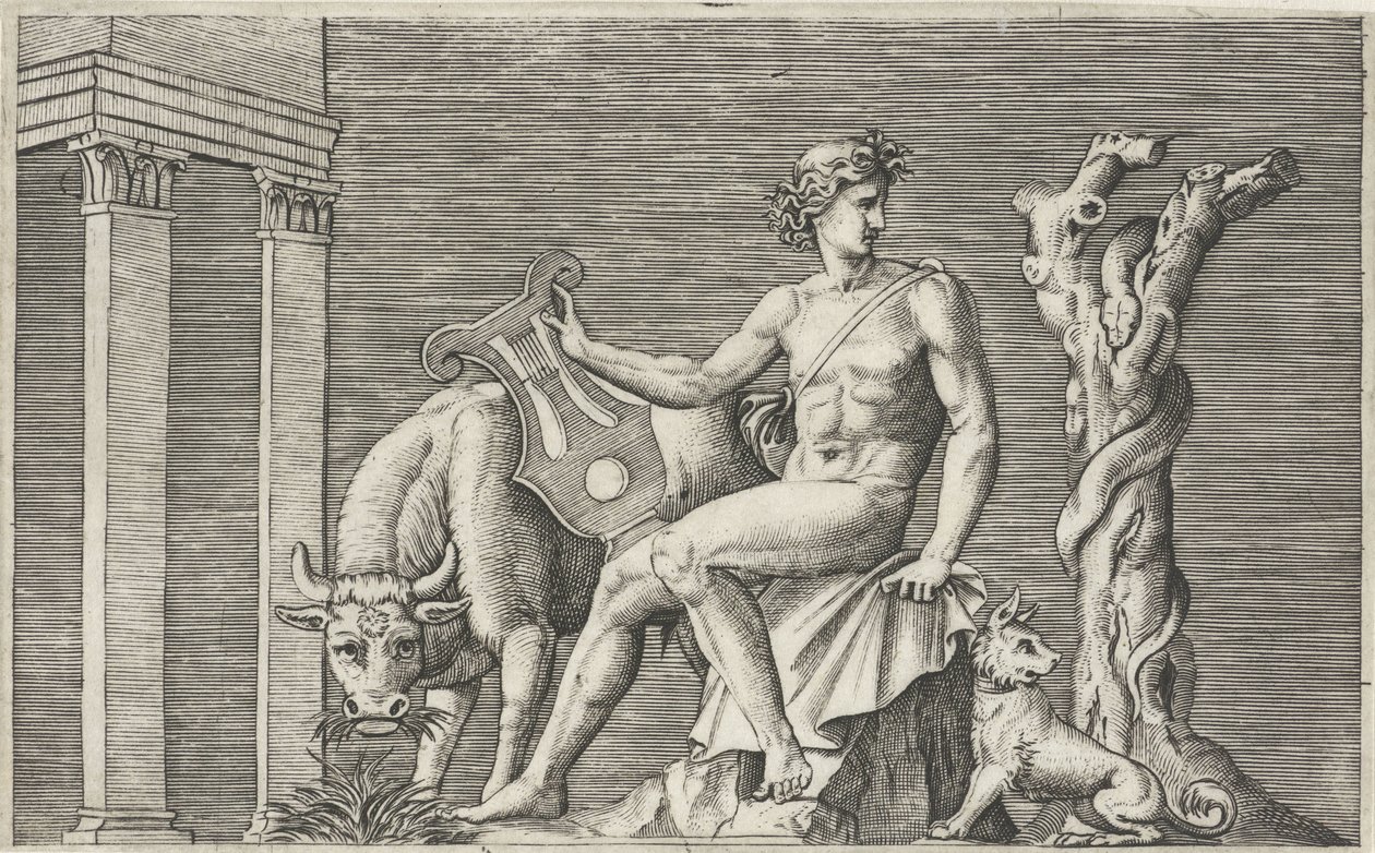 Apollo őrzi Admetus nyáját Mitológiai ábrázolások ókori domborművek után (sorozat címe) alkotó: Marcantonio Raimondi
