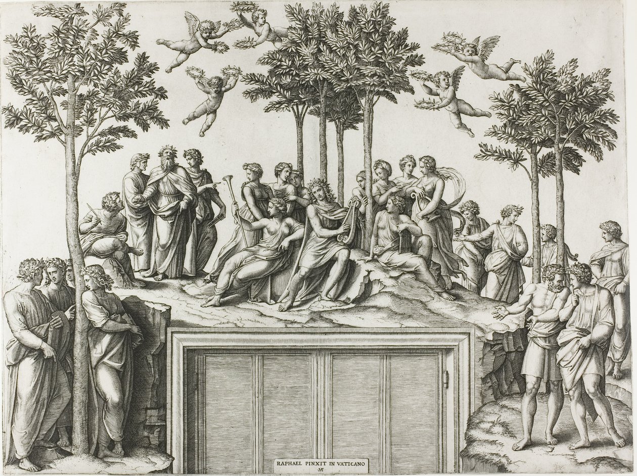 Apollo a Parnassuson, körülvéve a múzsákkal és költőkkel alkotó: Marcantonio Raimondi