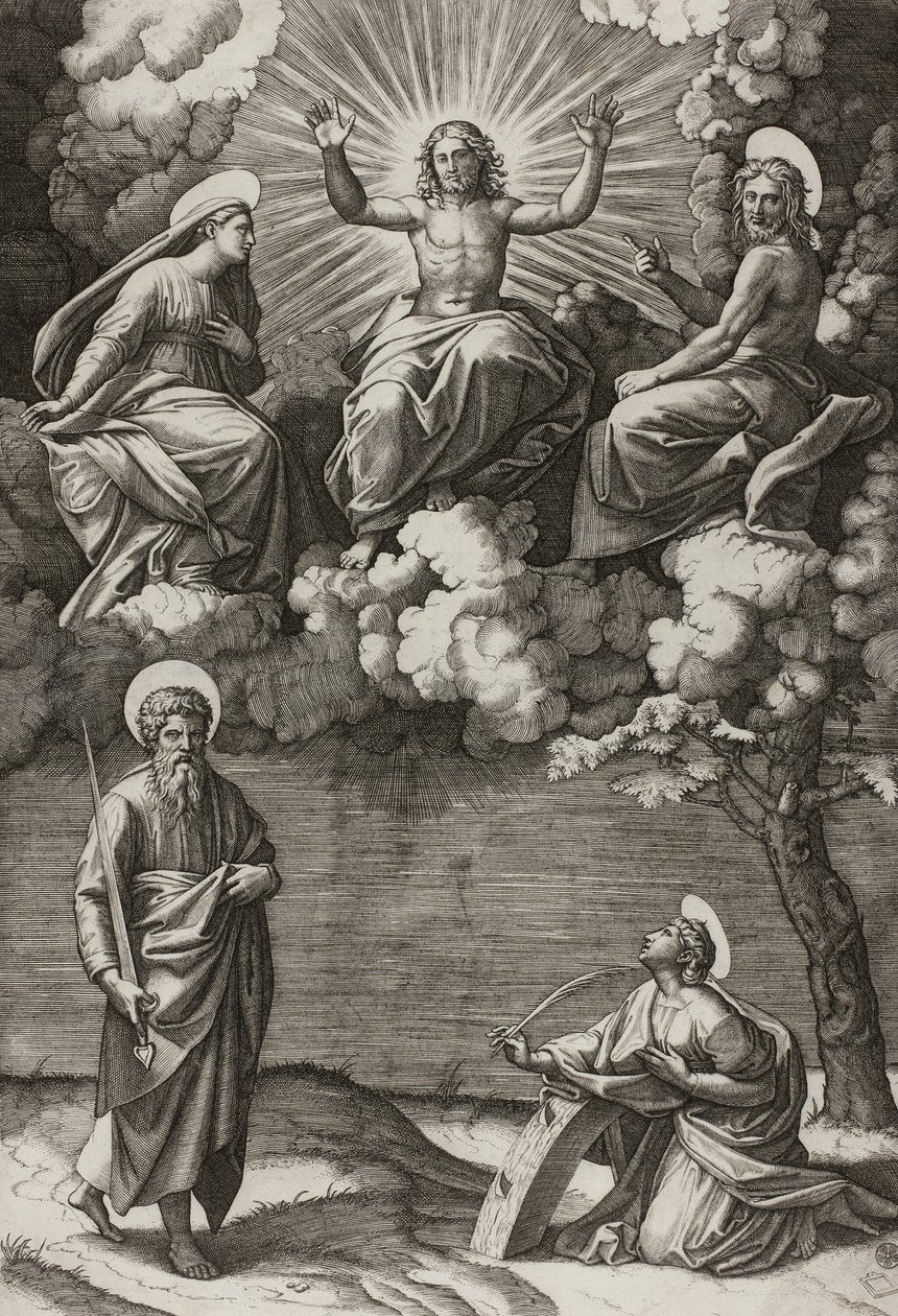 Krisztus, a Szűz és Keresztelő Szent János Szent Pállal és Katalinnal alkotó: Marcantonio Raimondi