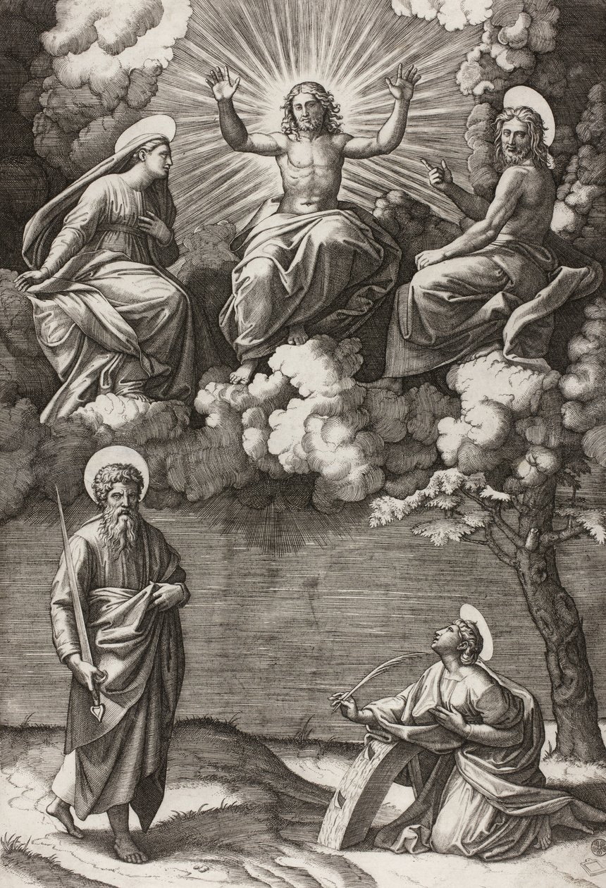 Krisztus, a Szűz és Keresztelő Szent János Szent Pállal és Katalinnal, 1520-25 alkotó: Marcantonio Raimondi