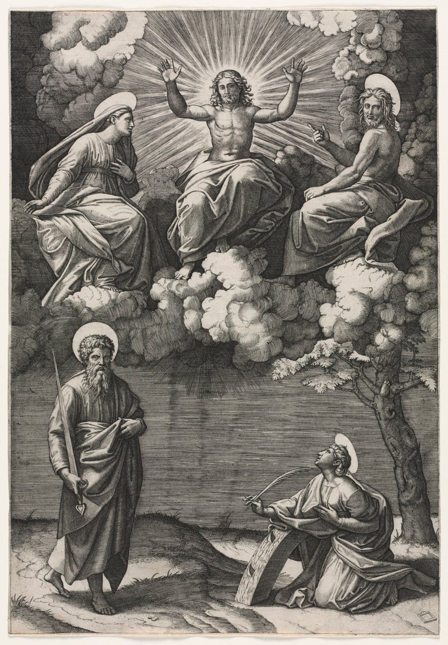 Krisztus, a Szűz és Keresztelő Szent János Szent Pállal és Katalinnal, c. 1520-1525. alkotó: Marcantonio Raimondi