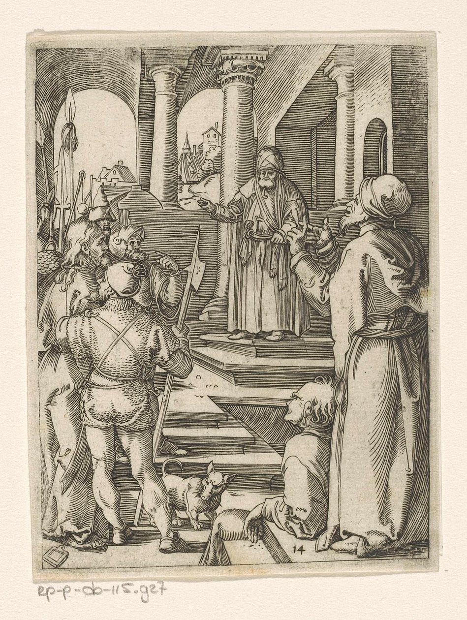 Krisztus Pilátus előtt Krisztus szenvedése (sorozat címe) alkotó: Marcantonio Raimondi