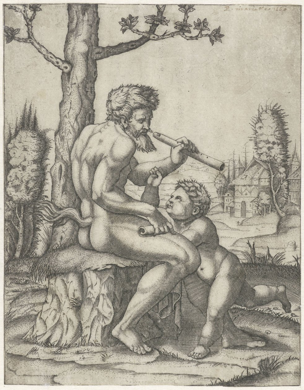 Faun furulyával játszik a gyerekkel alkotó: Marcantonio Raimondi