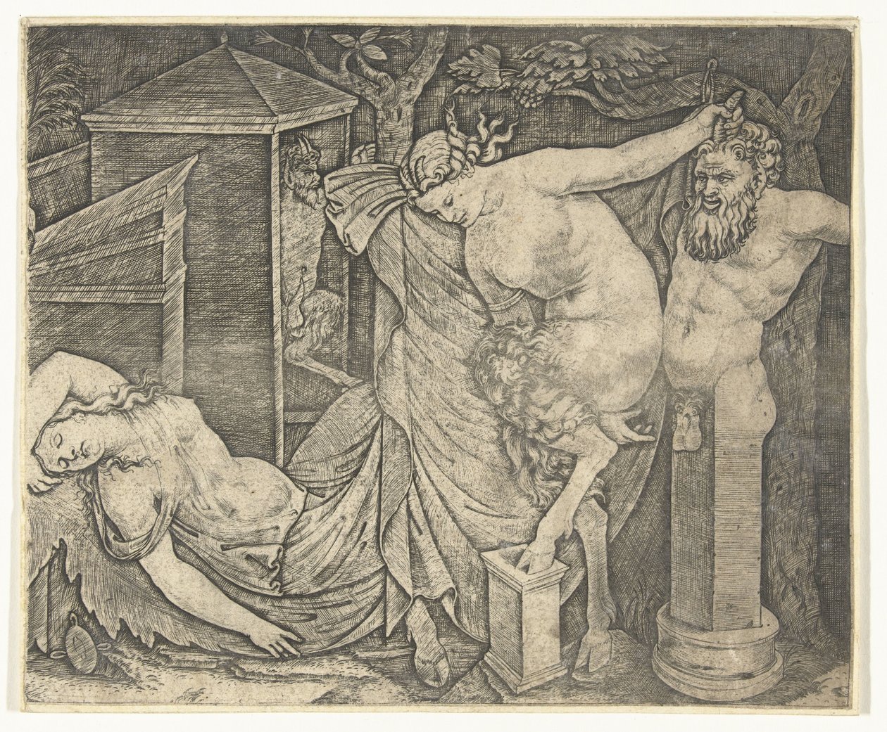 Bacchanal töredéke Satyr Woman és Herme és Alvó Bacchante-val alkotó: Marcantonio Raimondi