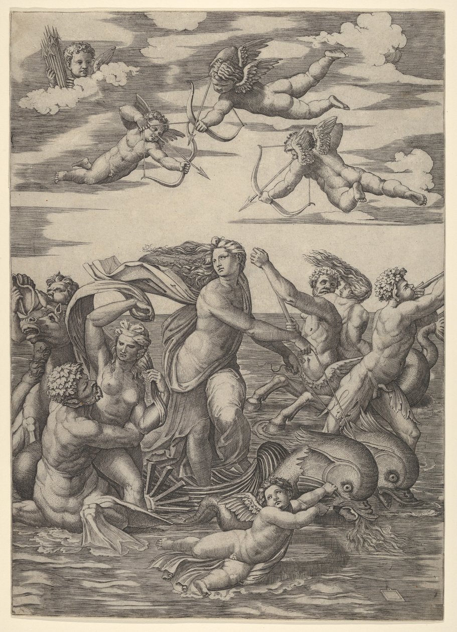 Két delfin által vontatott víziszekérben álló Galatea, tritonokkal körülvéve, nere..., 1515-16. alkotó: Marcantonio Raimondi