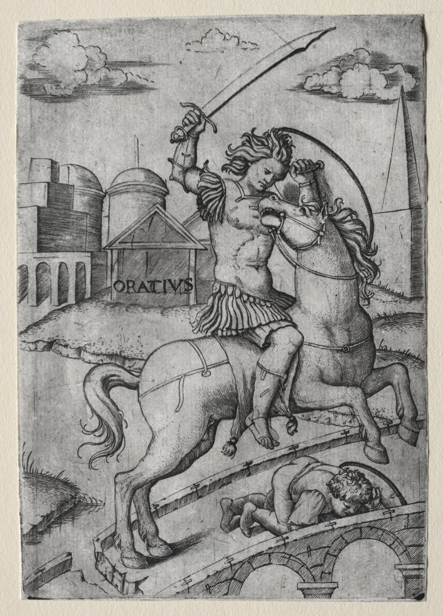 Horatius Cocles védi a Sublician hidat alkotó: Marcantonio Raimondi