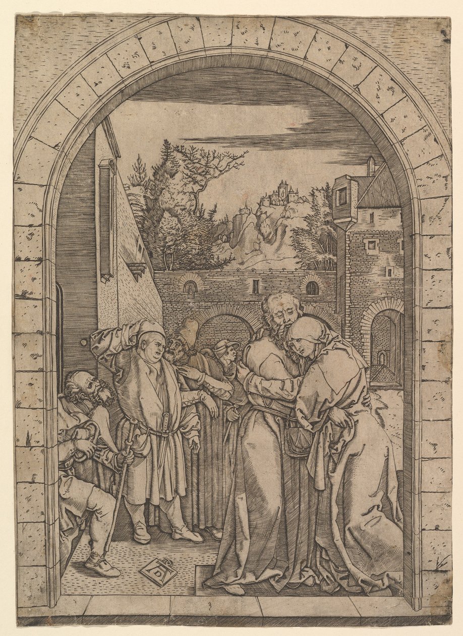 Joachim átöleli Szent Annát a jeruzsálemi aranykapu alatt, Dürer után, kb. 1500-1534. alkotó: Marcantonio Raimondi