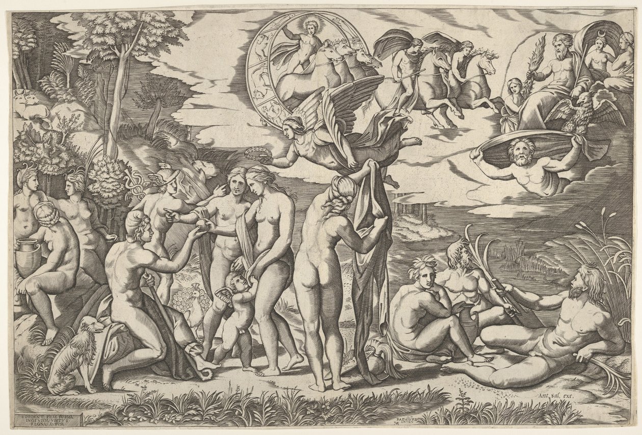 Párizs ítélete: Paris kezet nyújt Vénusz felé, aki Juno és... között áll, kb. 1520-50. alkotó: Marcantonio Raimondi