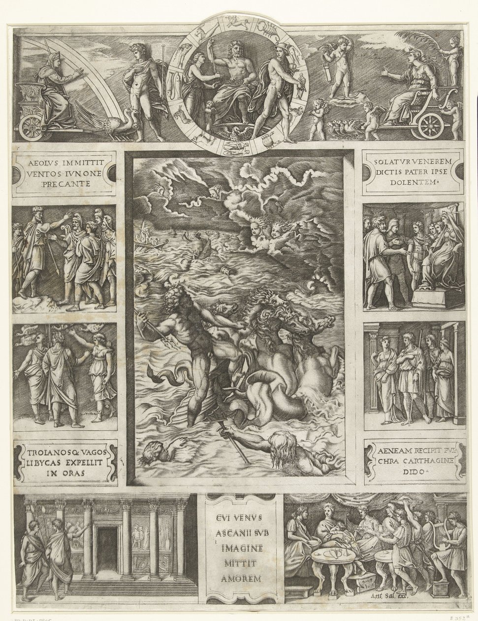 A Jupiter téglalap alakú keretben, az epikus Aeneis kilenc jelenetével csillapítja a vihart a tengeren alkotó: Marcantonio Raimondi