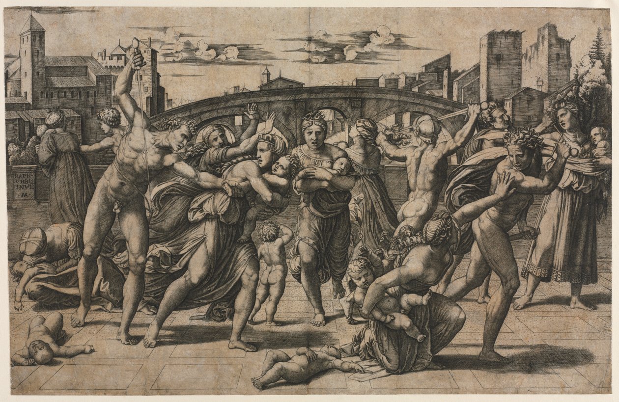 Az ártatlanok mészárlása (a fenyőfával) alkotó: Marcantonio Raimondi