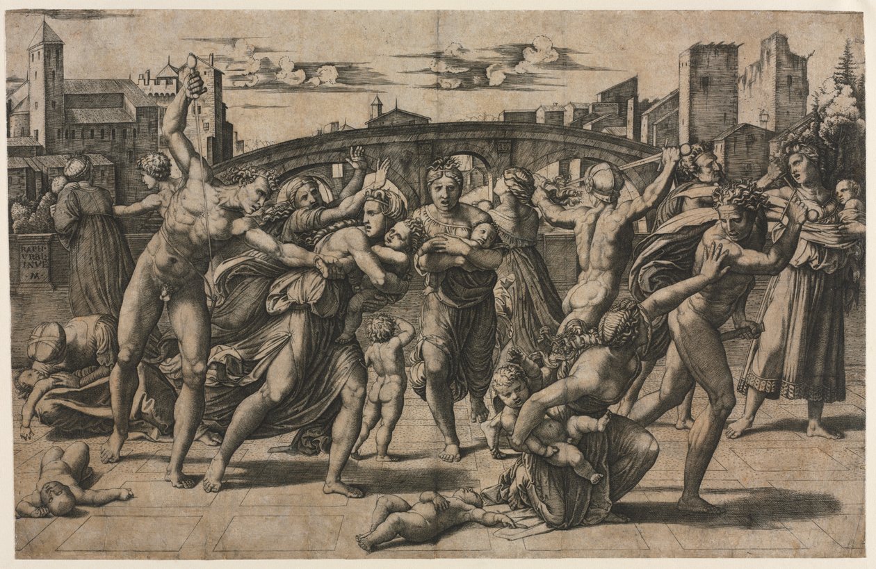 Az ártatlanok lemészárlása a fenyővel, c. 1511-1512. alkotó: Marcantonio Raimondi