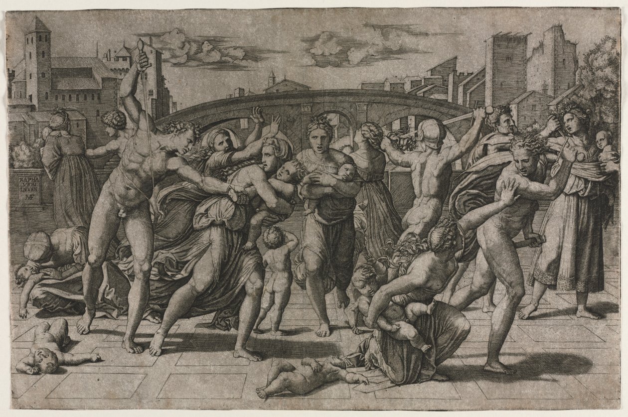 Ártatlanok mészárlása fenyő nélkül, kb. 1513-15. alkotó: Marcantonio Raimondi