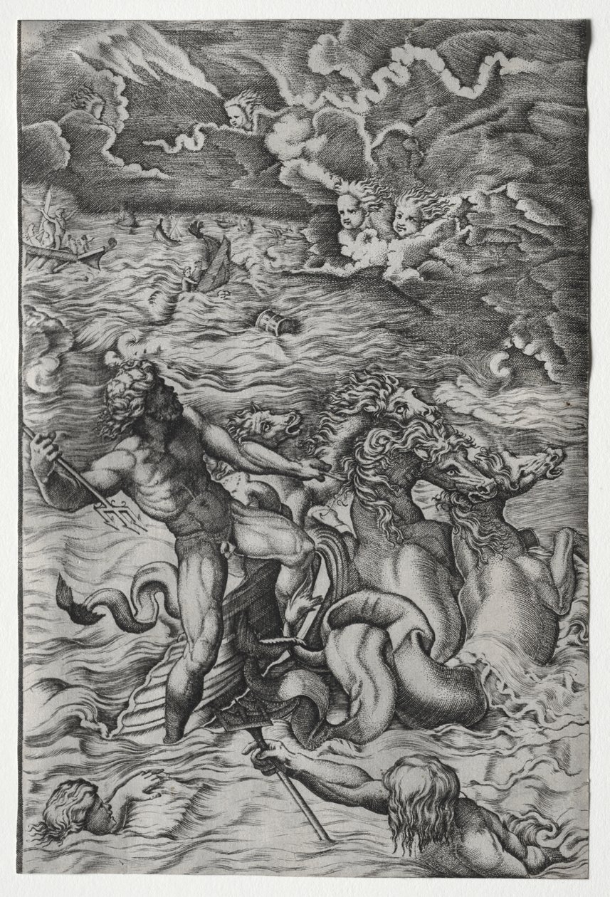 A Neptunusz lecsillapítja a vihart, amelyet Aeolus keltett Aeneas flottája ellen alkotó: Marcantonio Raimondi