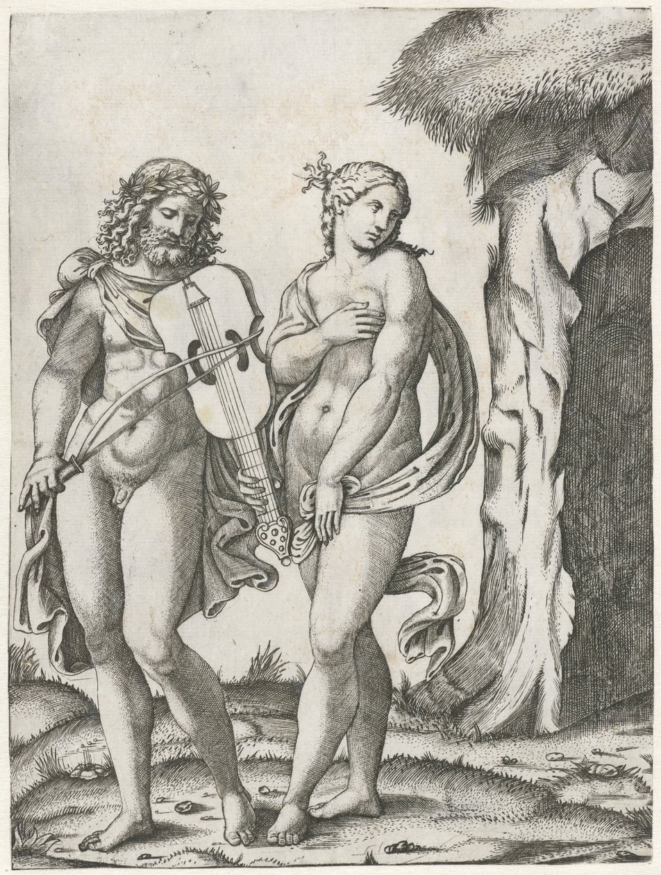 Orpheus brácsázik, mielőtt Eurydice az alvilágba kerül alkotó: Marcantonio Raimondi