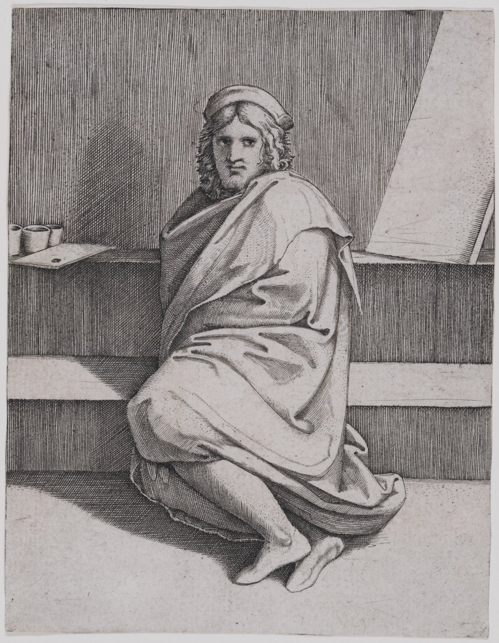 Raffaello ülő portréja alkotó: Marcantonio Raimondi