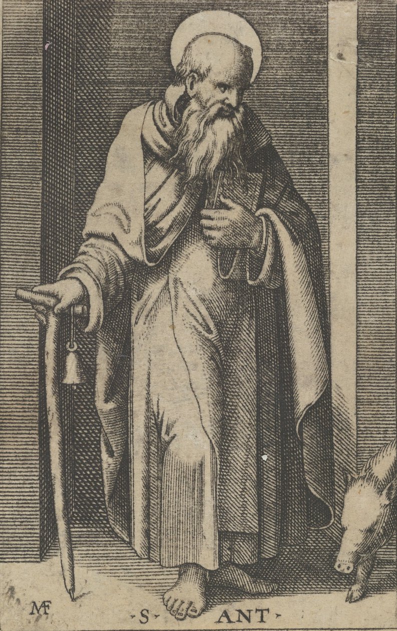 Szent Antal, egy bot a jobb kezében, a Piccoli Santi sorozatból, a Small ..., kb. 1500-1527. alkotó: Marcantonio Raimondi