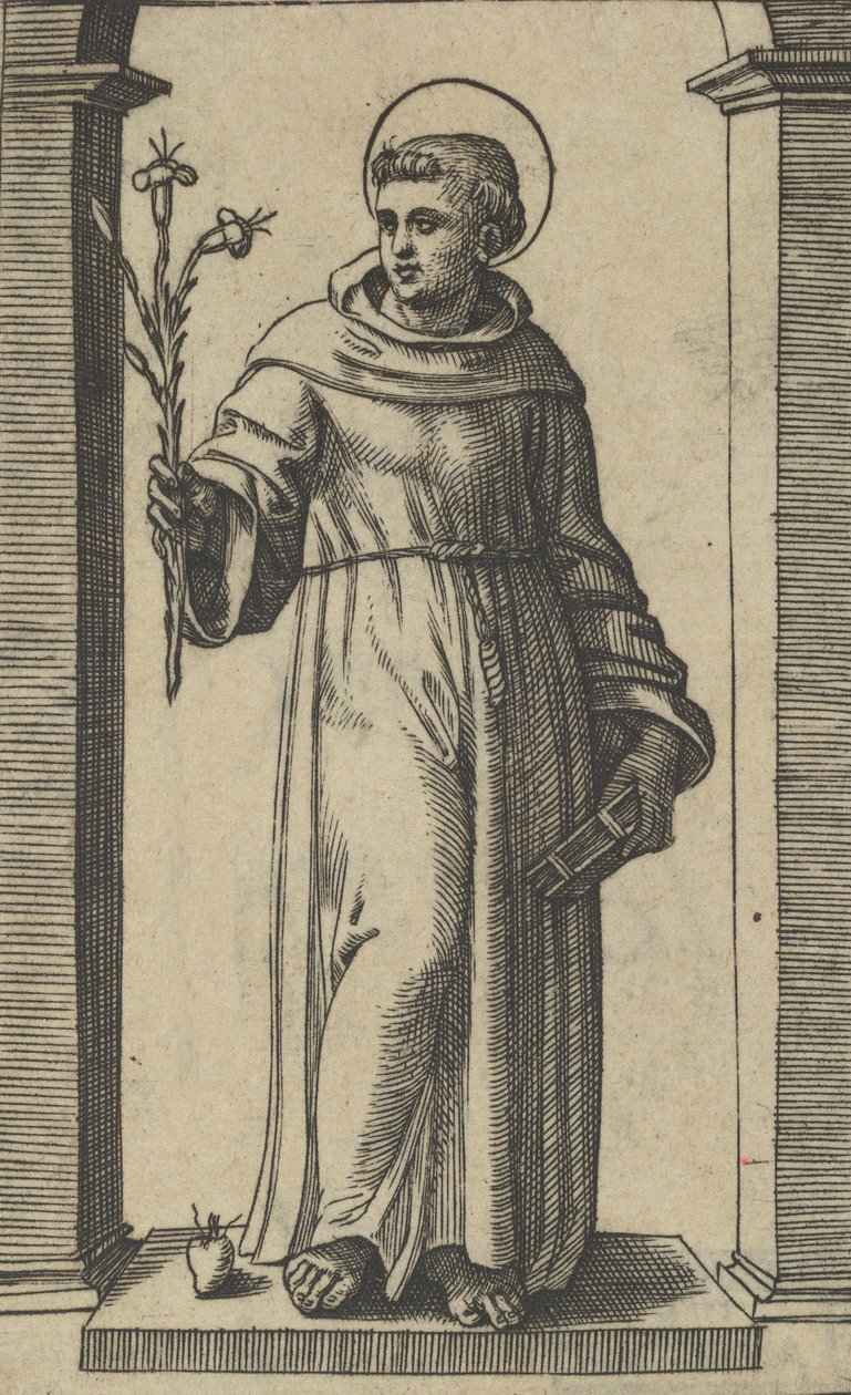 Páduai Szent Antal áll, felemelt jobbjában liliomok, ..., kb. 1500-1527. alkotó: Marcantonio Raimondi
