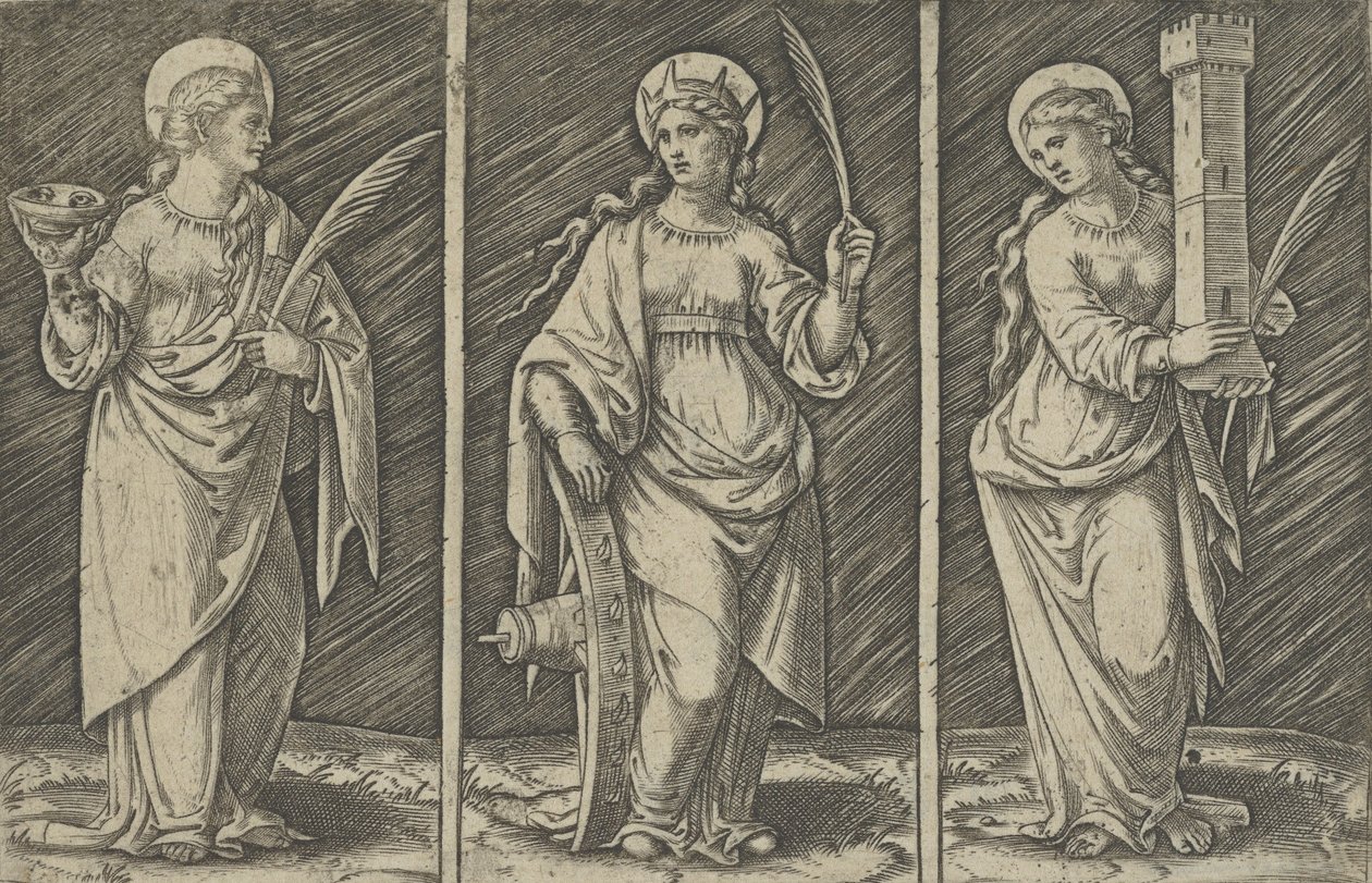 Szent Borbála balra, Szent Katalin, középen, Saint Lucy jobbra, kb. 1500-1527., kb. 1500-1527. alkotó: Marcantonio Raimondi