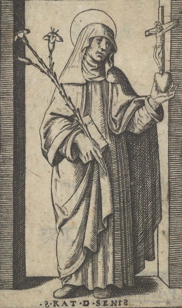 Sienai Szent Katalin virágot és könyvet tart a jobb kezében, egy h..., kb. 1500-1527. alkotó: Marcantonio Raimondi