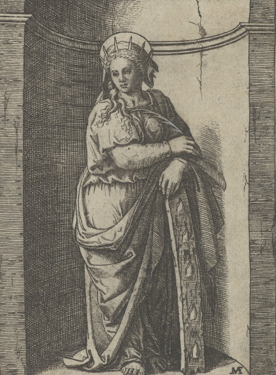 Szent Katalin egy fülkében áll, keréken nyugszik, kínzóeszköze..., kb. 1500-1527. alkotó: Marcantonio Raimondi