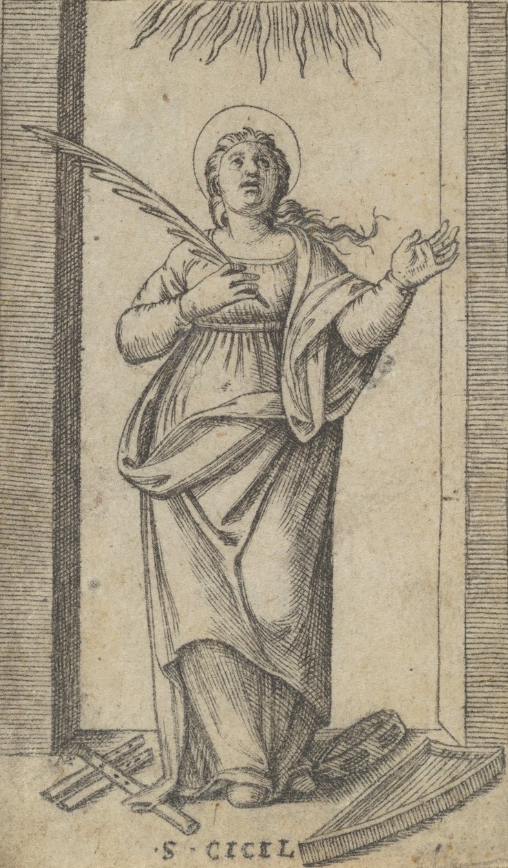 Szent Cecília áll, jobb kezében vértanú tenyeret tartva, a tenger felől..., kb. 1500-1527. alkotó: Marcantonio Raimondi