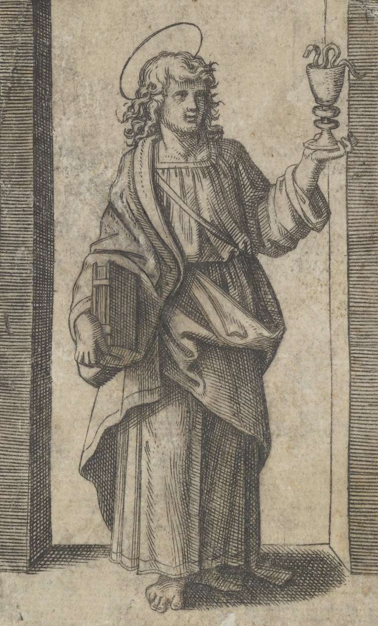 Szent János, könyv a jobb oldali kehelyben a bal oldalon, a „Piccoli Santi” sorozatból ..., kb. 1500-1527. alkotó: Marcantonio Raimondi