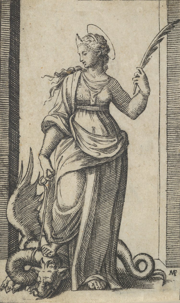 Szent Margit áll, sárkány a bal oldalon, a Piccoli Santi S... sorozatból, kb. 1500-1527. alkotó: Marcantonio Raimondi