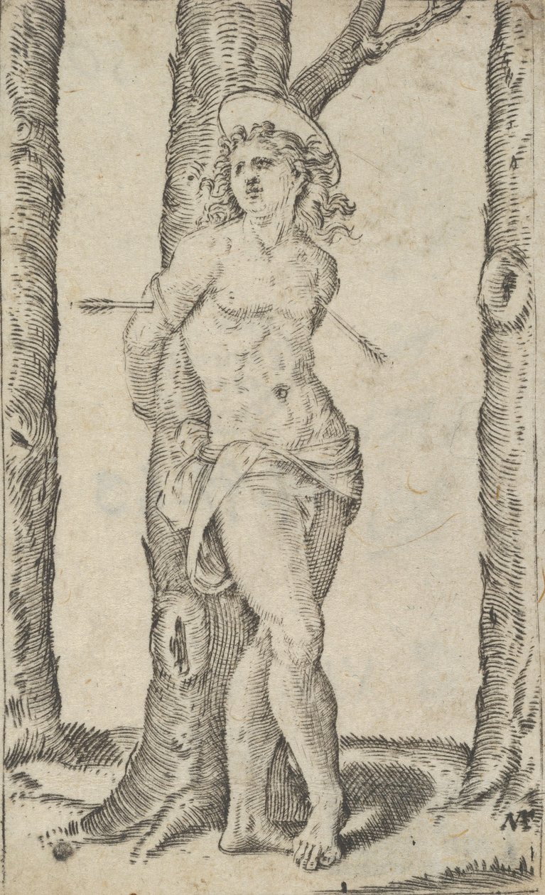 Szent Sebestyén nyilakkal áttört fához kötve, a Piccoli Santi... sorozatból, kb. 1500-1527. alkotó: Marcantonio Raimondi
