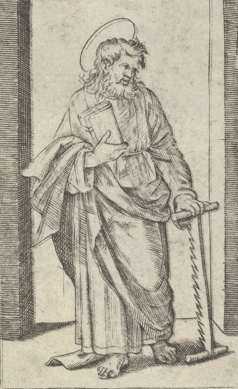 Szent Simon, fűrész leeresztett bal kezében, a 