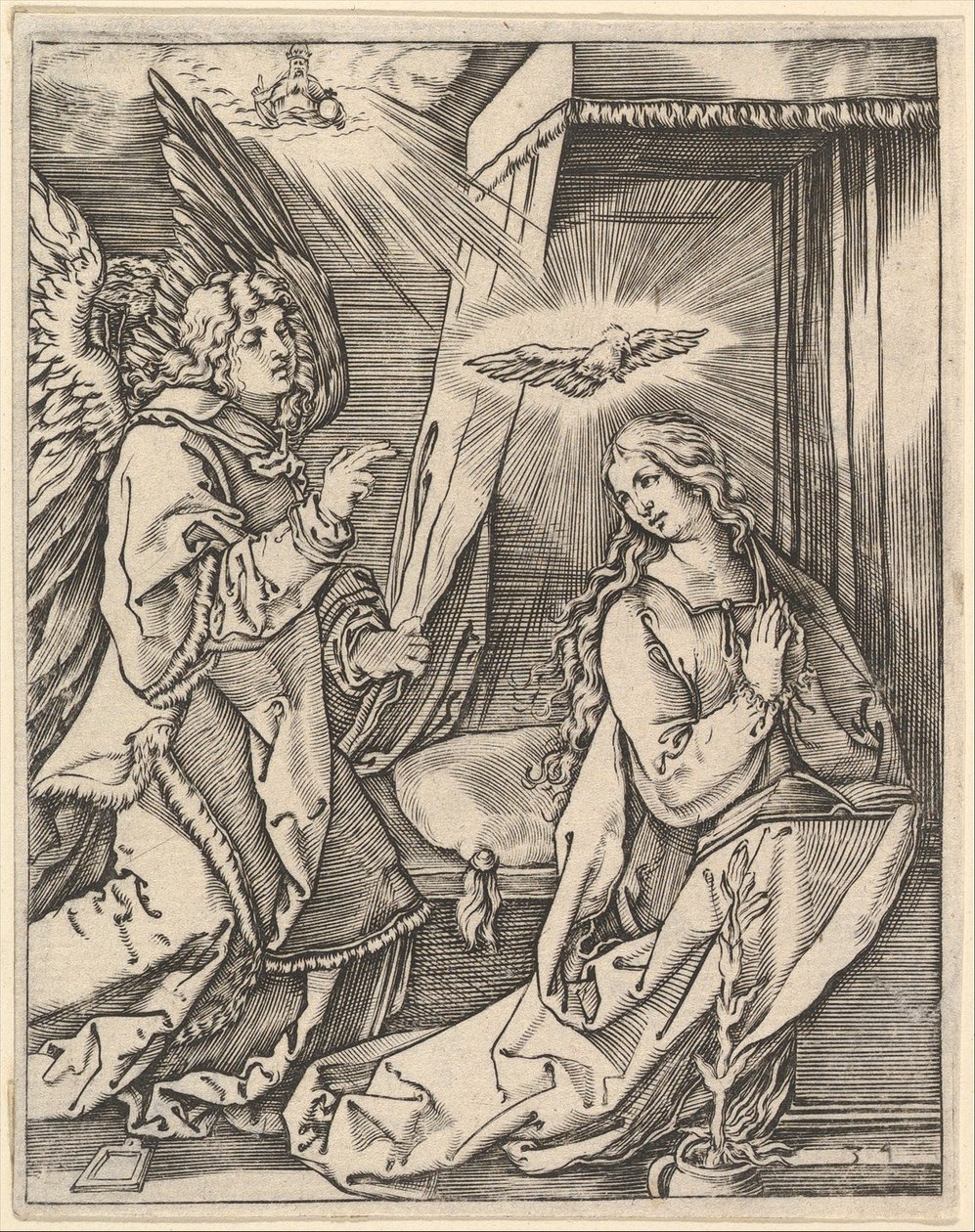 Az Angyali üdvözlet, bal oldalon Gábriel arkangyal közeledik az imádkozó Szűzhöz..., kb. 1500-1534. alkotó: Marcantonio Raimondi