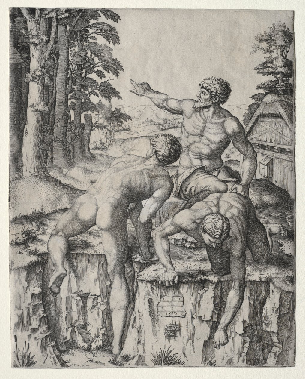 A hegymászók három figurája Michelangelos cascinai csatájából, 1510. alkotó: Marcantonio Raimondi