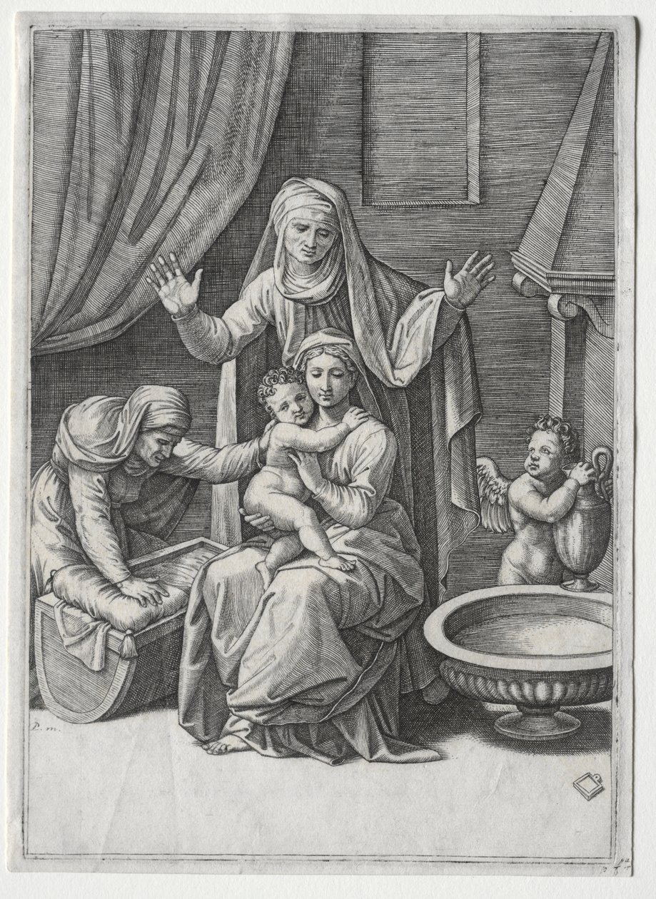 A Szűz és a bölcső Szent Erzsébettel és Szent Annával alkotó: Marcantonio Raimondi