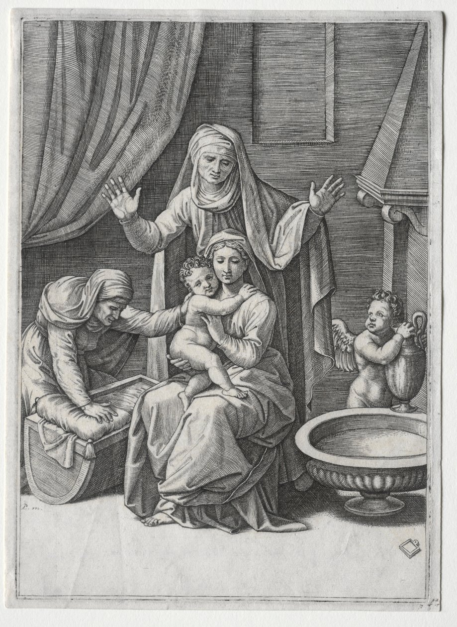 A Szűz és a bölcső Szent Erzsébettel és Szent Annával, 1520. alkotó: Marcantonio Raimondi