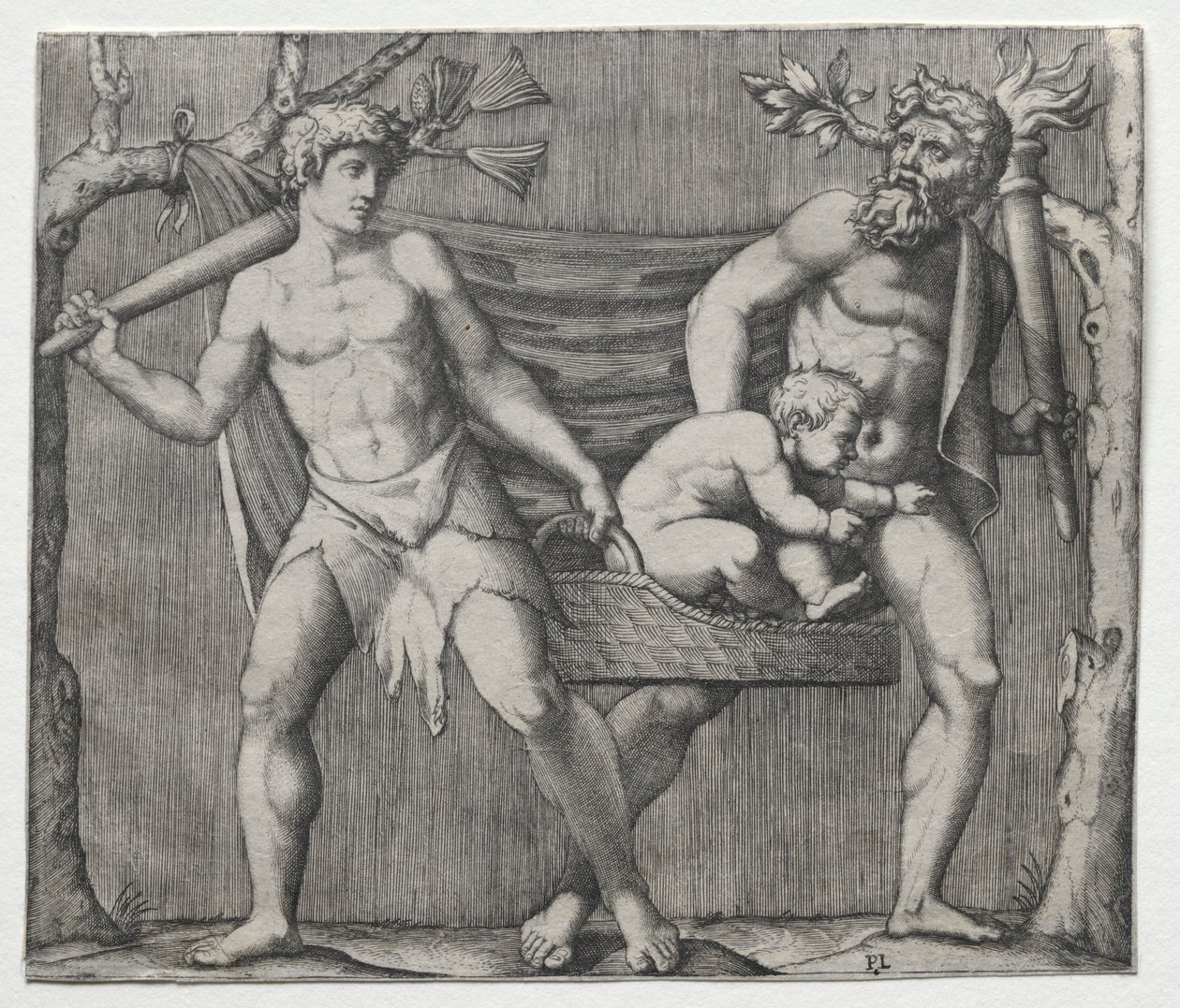 Két faun gyermeket cipelő kosárban, c. 1513-1515. alkotó: Marcantonio Raimondi