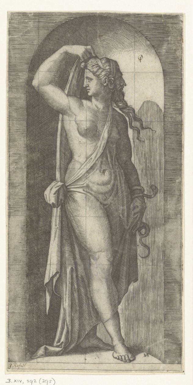 Prudence-t (Prudentia) megszemélyesítő nő kígyóval és maszkkal Hét erény (sorozat címe) alkotó: Marcantonio Raimondi