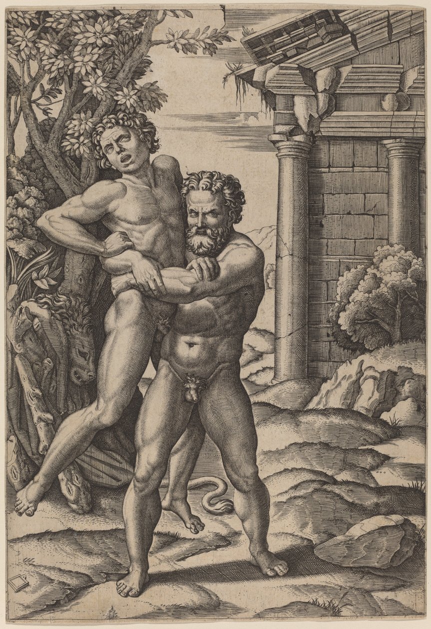 Herkules és Antaeus alkotó: Marcantonio Raimondi, after Raphael
