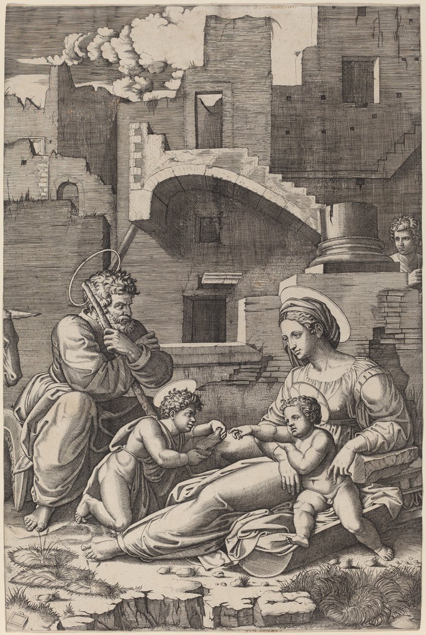 A Szent Család az ifjú Keresztelő Szent Jánossal (A hosszú combú Madonna) alkotó: Marcantonio Raimondi after Raphael
