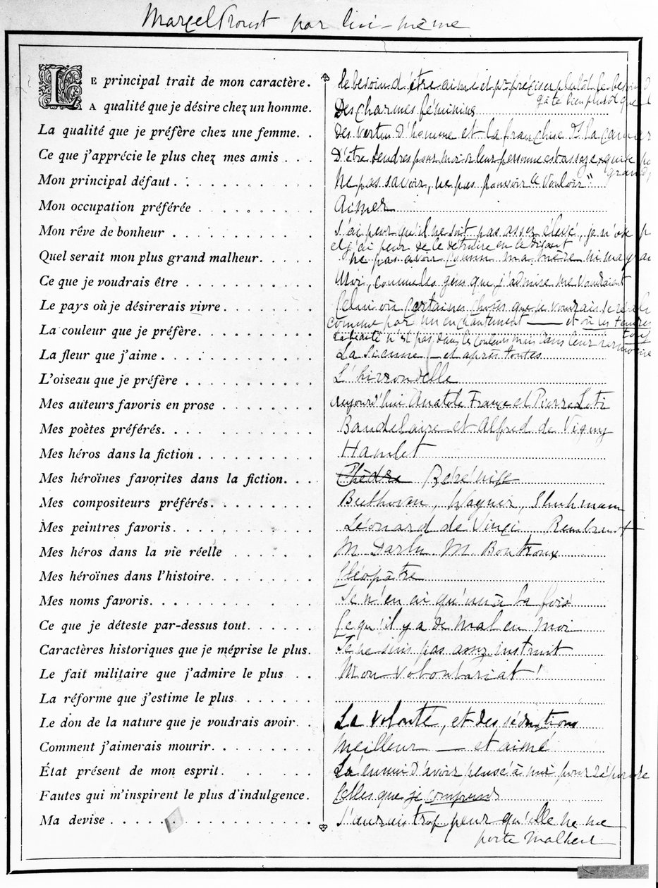 Marcel Proust által kitöltött kérdőív, 1890 (toll, tinta és nyomtatott papír) alkotó: Marcel Proust