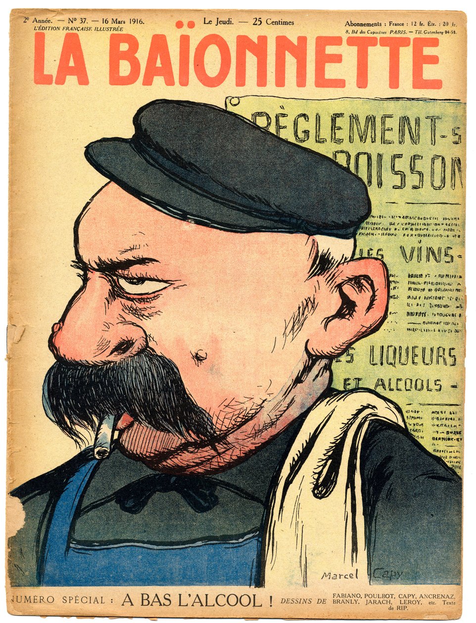 A „La Baionnette” címlapja, színekben szatirikus alkotó: Marcel Amable O.L. Capy