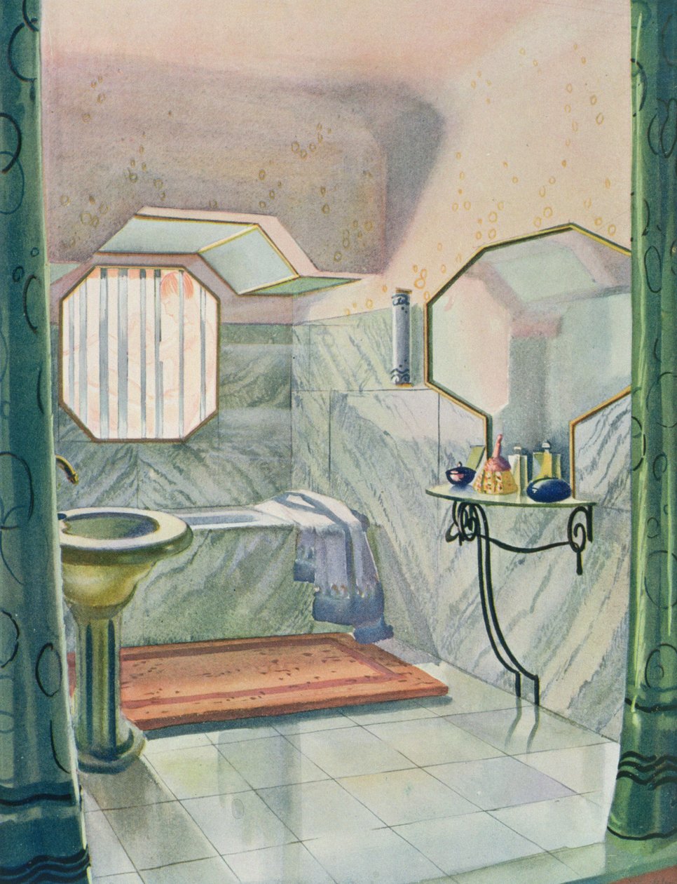 A fürdőszobát Marcel Dalmas tervezte, az "Interieurs en Couleurs"-ből, 1925-ben (színes litó) alkotó: Marcel Dalmas