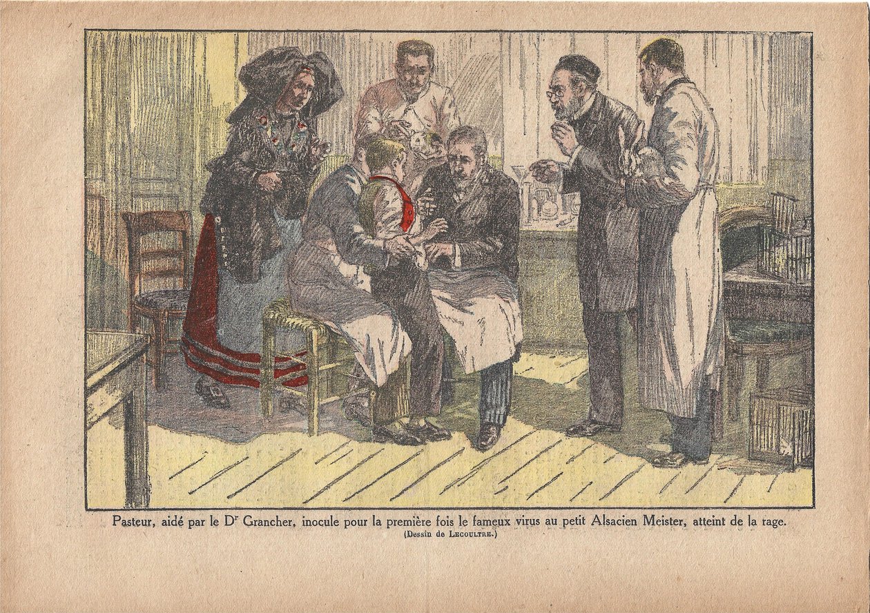 Pasteur, Dr. Grancher segítségével, először oltotta be a híres vírust a veszettséggel fertőzött kis elzászi mesterbe., Le Pèlerin, 1922.05.11. (nyomtatás) alkotó: Marcel Lecoultre