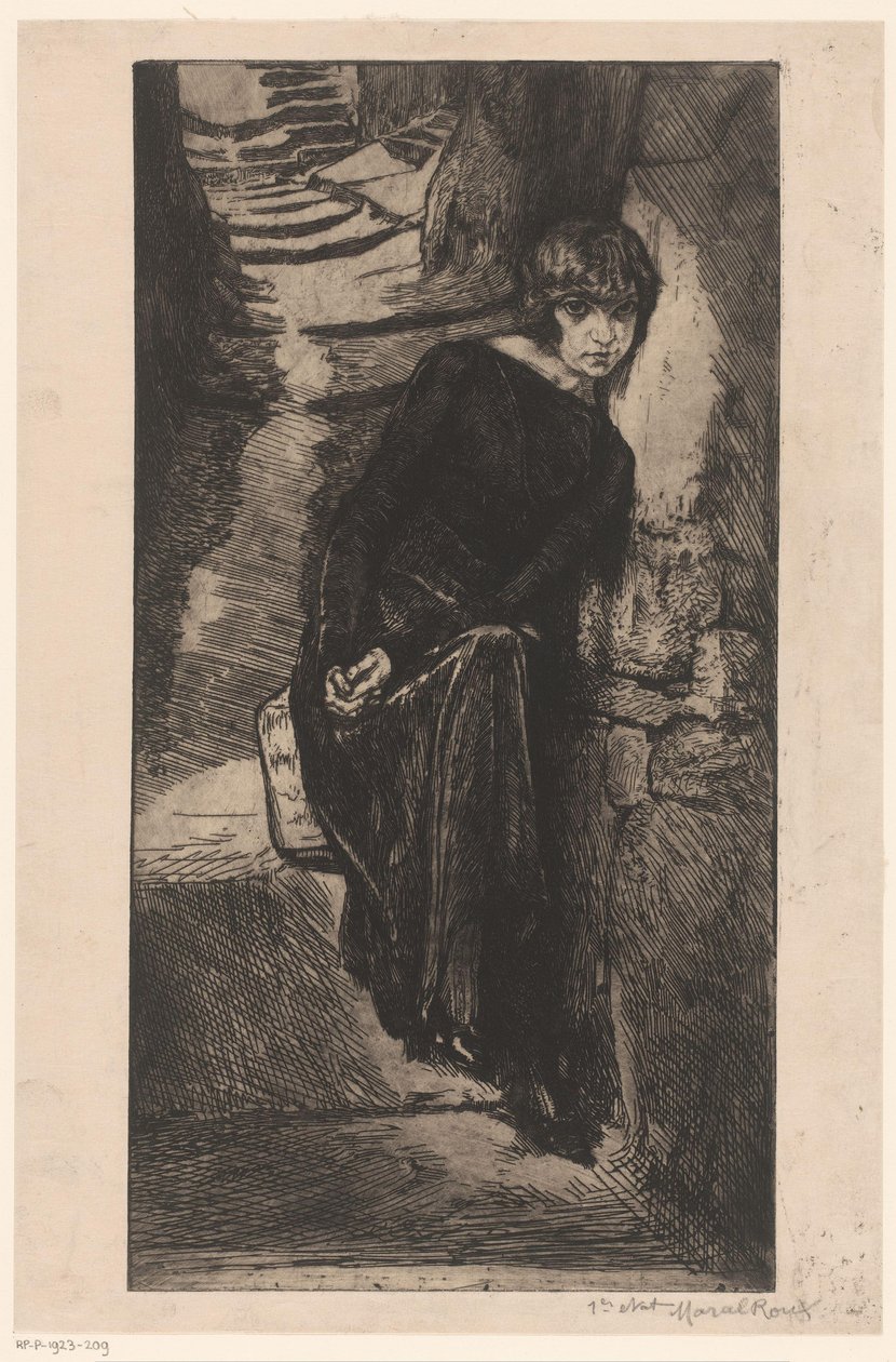 Feketébe öltözött nő a falnak dőlve Misère de misère (cím a tárgyon) Girl of öröm (sorozat címe) Fille de Joie (sorozat címe az objektumon) alkotó: Marcel Roux (signed by artist)