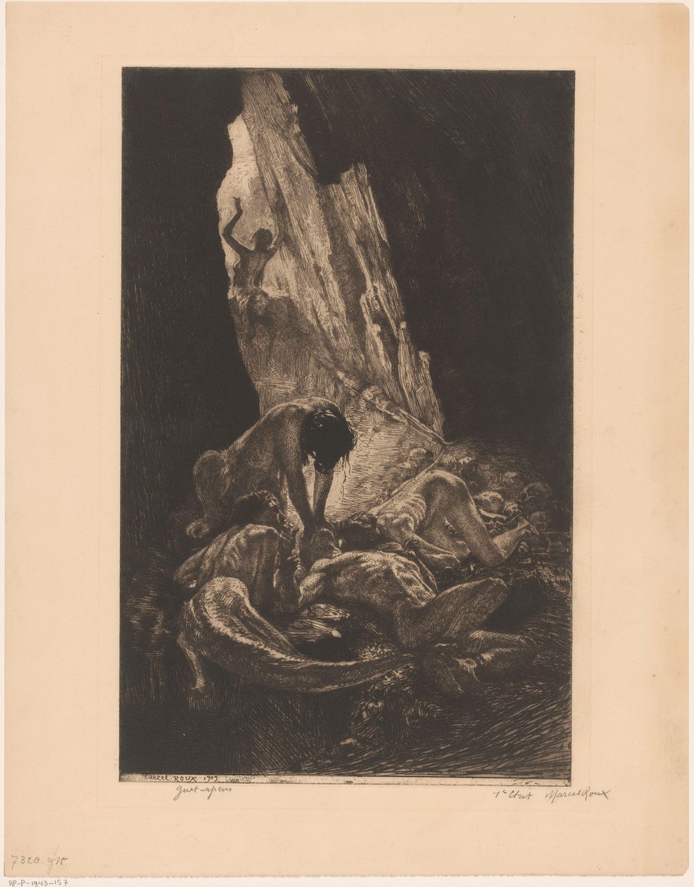Egy sötét barlang belseje egy meztelen férfit felfaló lényekkel Guet majmok (cím a tárgyon) alkotó: Marcel Roux (signed by artist)