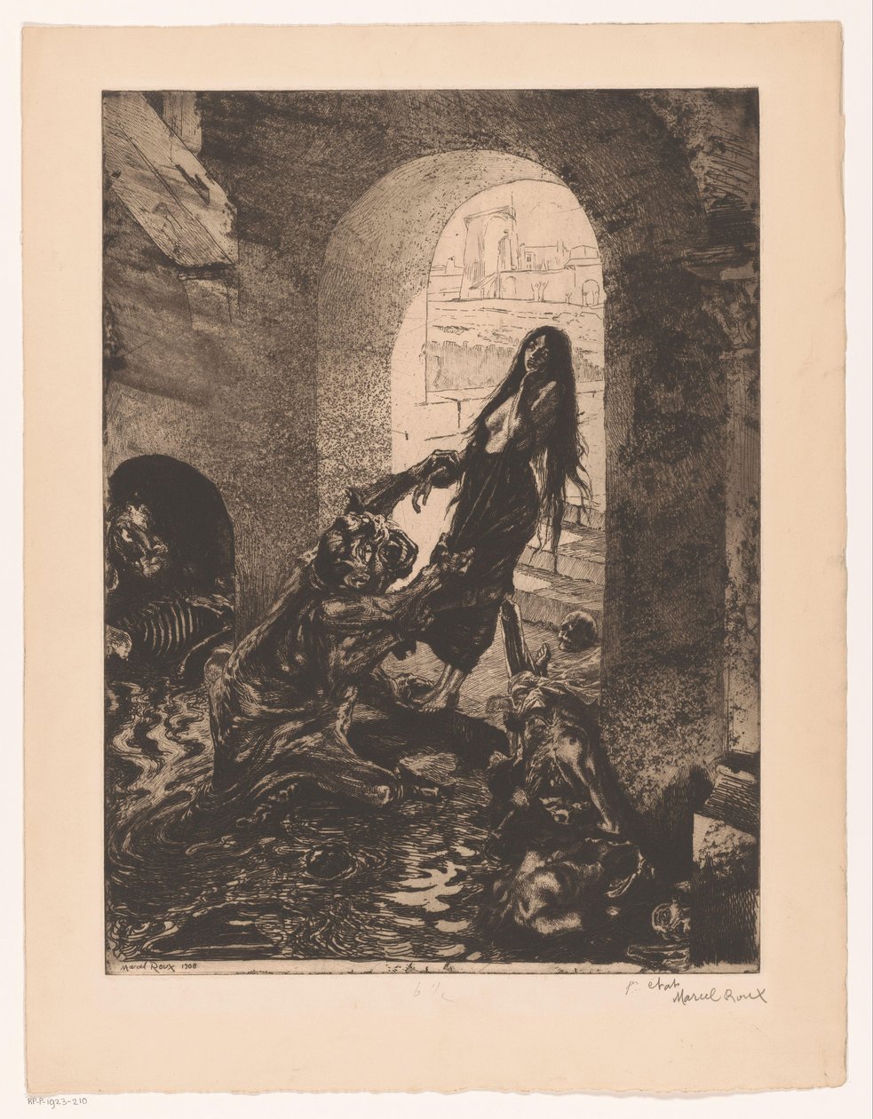 Szörnyeteg megragad egy nőt, aki az ajtóban áll Offrande a Moloch (cím az objektumon) Girl of öröm (sorozat címe) Fille de Joie (sorozat címe az objektumon) alkotó: Marcel Roux (signed by artist)