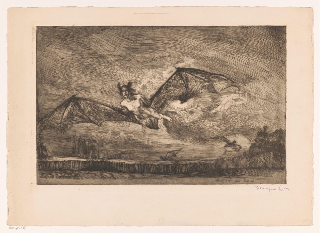 Éjszakai táj denevérszerű lényekkel Bête du soir (cím a tárgyon) alkotó: Marcel Roux (signed by artist)